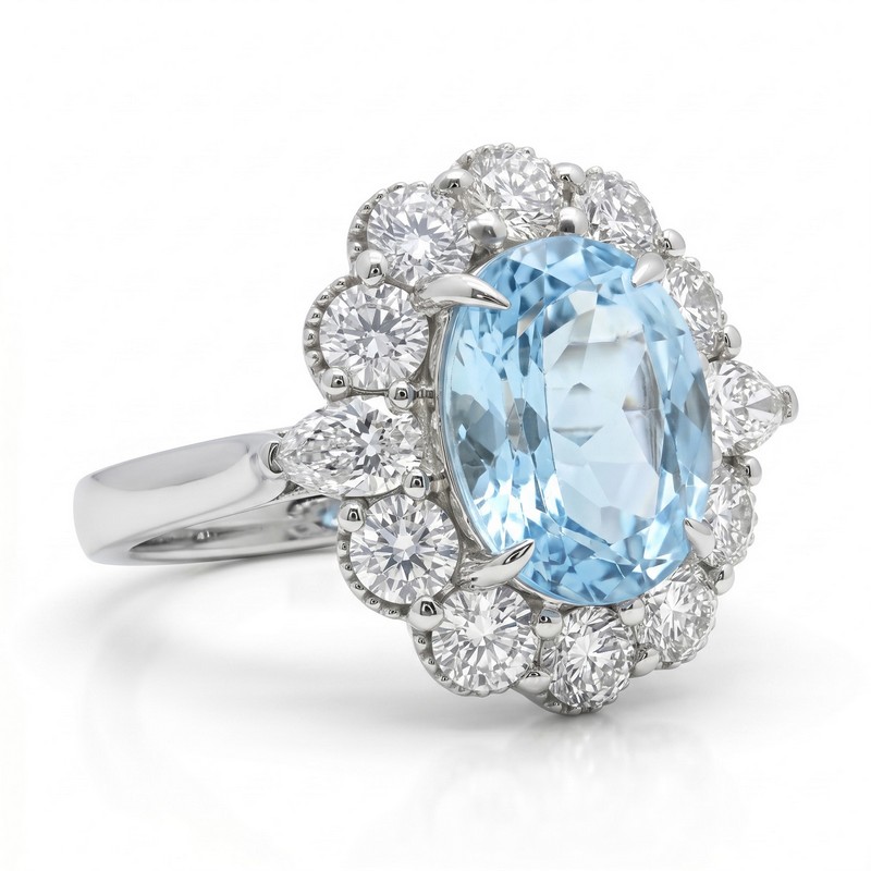 Oval Aquamarine Halo Lab Diamond Accent Engagement Ring