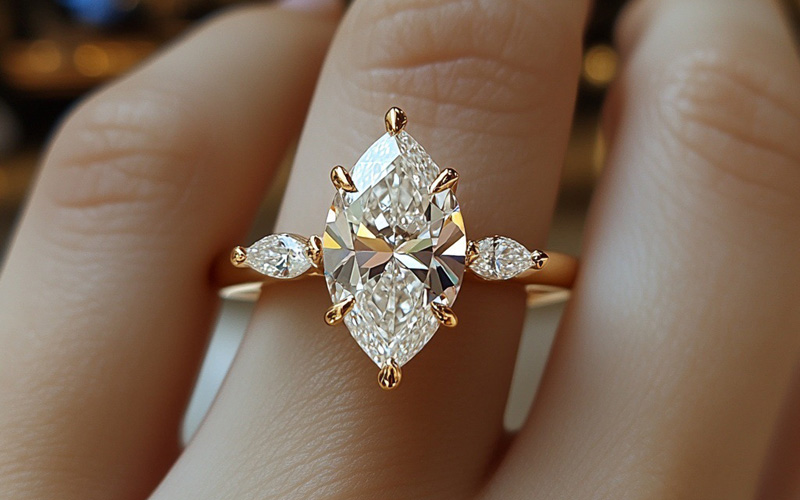 custom three stone Marquise cut lab grown diamond engagement rings